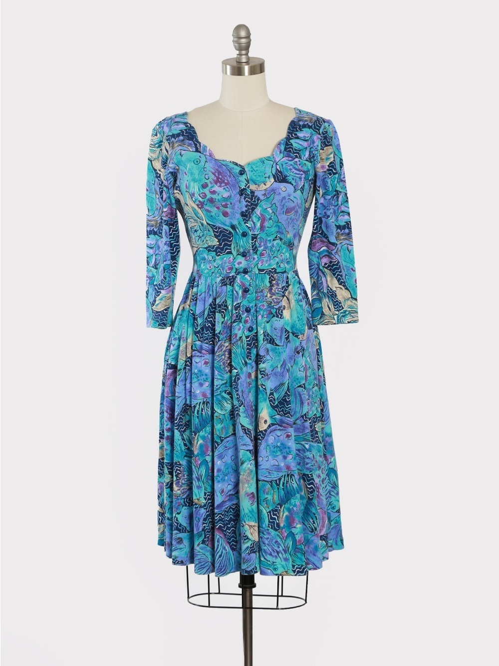 vintage 1980s Lanz Originals fish print midi blue purple dress size large - Picture 8 of 12